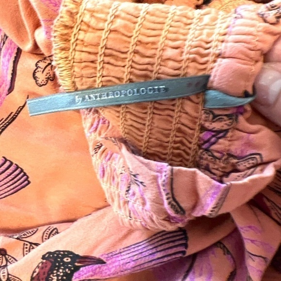 Anthropologie Maeve Birdsong Smocked Puff Sleeve Midi Dress Pink Birds Size M - Picture 5 of 16